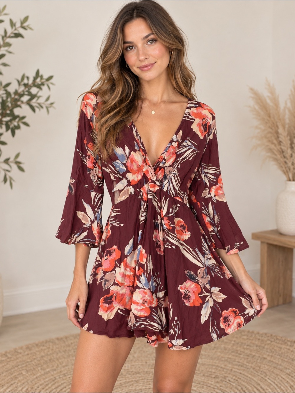 Billabong Divine Floral Mini Wrap Dress Burgundy Bell Sleeve Size L